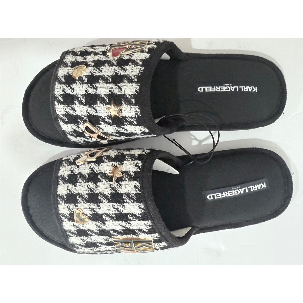 Karl Lagerfeld Paris Houndstooth Charms Slide Slippers Black White Womens 10
